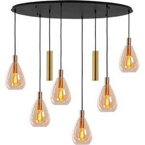 Moderne ovale hanglamp Dorato | 8 lichts | goud / zwart | glas amber / metaal | Ø 120 x 45 cm | in hoogte verstelbaar tot 160 cm | eetkamer / eettafel lamp | modern / sfeervol design | lengte van 120 cm