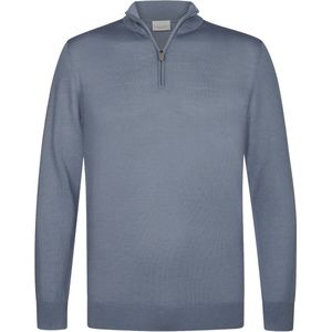 Profuomo - Slim Fit Trui - Blauw - Korte Rits - 100% Wol