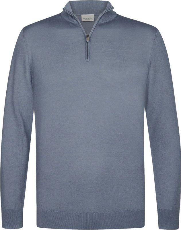Profuomo - Slim Fit Trui - Blauw - Korte Rits - 100% Wol
