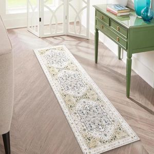 Bastix - Loper tapijt 60 x 210 cm, antislip, lang keukentapijt, wasbaar, vintage, medaillon, tapijt voor woonkamer, slaapkamer, keuken (geelgroen)