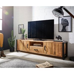 Tv-meubel Crompton 200 cm mango natuur metaal zwart 2 deuren 2 schuiflade 1 vak