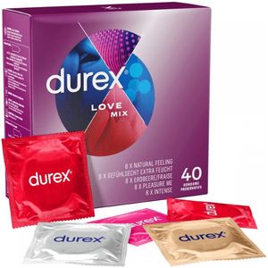 Durex Love Mix Condooms - 40 stuks - 8x Thin Feel Extra Lube (Elite) - 8x Intens Orgasme (ribbels, nopjes en gel) - 8x Thin Feel Ultra (extra dun) - 8x Aardbeismaak - 8x Pleasure Me (ribbels en nopjes) - Discreet Verpakt