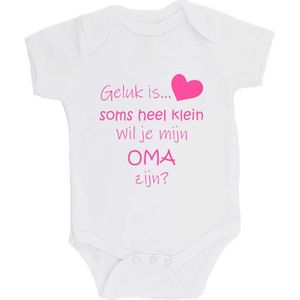 100% katoenen Romper Zwangerschap Aankondiging 2.0 ""Geluk is soms heel klein wil je mijn OMA zijn?"" Unisex Katoen Wit/roze Maat 56/62