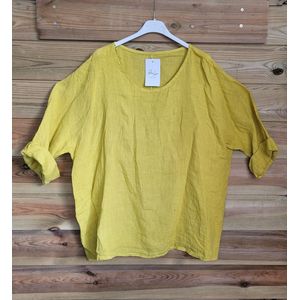 Linnen top met vlinder mouwen en ronde hals kleur GEEL, maat 44