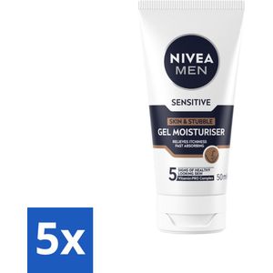 5 x NIVEA MEN - Sensitive - Gezichtsgel Huid & Stoppelbaard - 50 ml - Gevoelige Huid Verzorging - Stoppelbaard Verzorging - Alcoholvrije Gezichtsgel - Huidirritatie Verlichting - Gezichtsgel Mannen