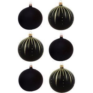 Zwarte Kerstballen met Gouden Glitter Streepjes en effen mat zwart - Doosje met 6 glazen kerstballen