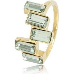 My Bendel - Design ring goud met 5 kristalstenen - My Bendel - Unieke ring met 5 blauwgroene kristalstenen - Met luxe cadeauverpakking