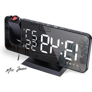 Mrs. Jones Wekker met Projectie - Digitale Projectiewekker met 75 inch gespiegeld LED-display - FM-radio - Snooze Dubbel Alarm - Helderheid van 4 Schermen - Automatische Dimfunctie - USB-poort (Zwart) .