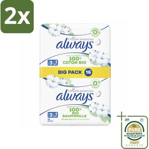 Always - Maandverband - Night - Cotton Protection - Met Vleugels - Maat 3 - 16 Maandverband - Voordeelverpakking - 2 stuks - Nachtbescherming - Biologisch katoen