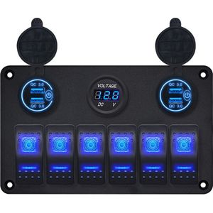 ProRide Schakelpaneel 12V voor Auto/Boot - USB Lader 4 poorten met Voltmeter - QC3.0 - 6 Schakelaars