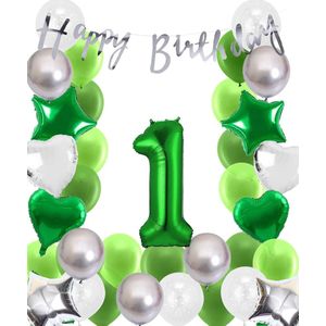 Snoes Ballonnen 1 Jaar Wit Groen Zilver Mega Ballon - Compleet Feestpakket 1 Jaar - Verjaardag Versiering Slinger Happy Birthday – Folieballon – Latex Ballonnen - Helium Ballonnen