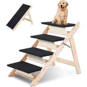 Hondentrap Hondenhelling 2 in 1 - Hondenloopplank - Instelbaar - Voor Grote en Kleine Honden - Voor Bed en Bank - Berkenhout - Landingsplatform - Loopplank Hond Opvouwbaar - Naturel