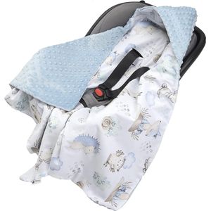 Wikkeldeken 100% katoen, 85 x 85 cm, knuffeldeken voor kinderwagen, universele babydeken, dubbelzijdig, babydeken, buggy, autostoeltje, hert en egel met lichtblauw minky