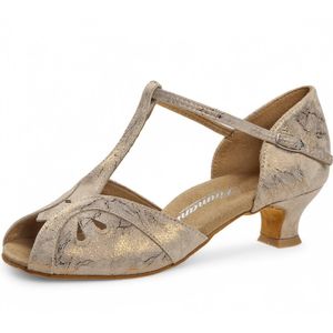 Open dames dansschoenen voor latin - Diamant 019 - 011 - 311 - Comfortabel - Brons Leer met print - 4.2 cm lage hak - Flexibele suede zool - Druksluiting - Latin, Ballroom, Tango - Diamant - Brons - 42