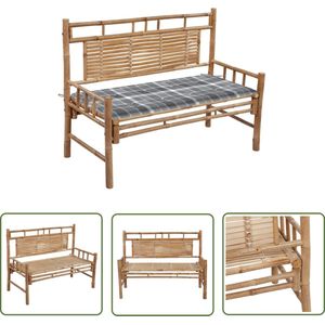 The Living Store Bamboe Tuinbank - 120 x 55 x 90 cm - Waterdicht Kussen - Grijs Ruitpatroon