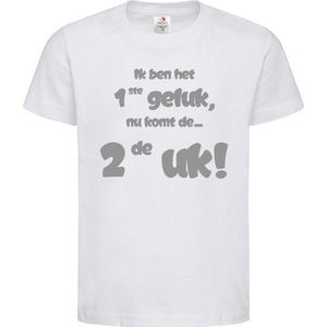Shirt Aankondiging zwangerschap Ik ben het 1ste geluk, nu komt de ... 2de uk! | korte mouw | wit/grijs | maat 122/128 zwangerschap aankondiging bekendmaking Baby big sis bro sister brother Grote Zus Broer