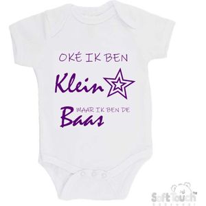 100% katoenen Romper ""Oke ik ben klein maar ik ben de baas"" Meisjes Katoen Wit/paars Maat 62/68