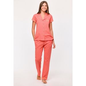 Woody pyjama dames doorknoop - koraalrood - 251-10-PIS-S/488 - maat XL