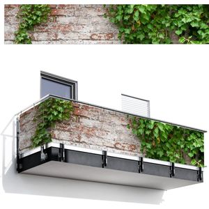 Balkonscherm 500x100 cm - Balkonposter Klimop - Groen - Stenen - Wit - Bladeren - Balkon scherm decoratie - Balkonschermen - Balkondoek zonnescherm