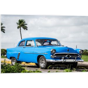 PVC Schuimplaat - Oude Blauwe Vintage Auto bij Palmbomen - 75x50 cm Foto op PVC Schuimplaat (Met Ophangsysteem)