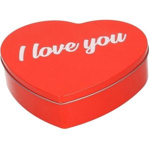 Rood I Love You hart blik cadeau snoepblik/bewaarblik 18 cm - Valentijnsdag kado - Cadeauverpakking rode hartjes opbergblikken/voorraadblikken