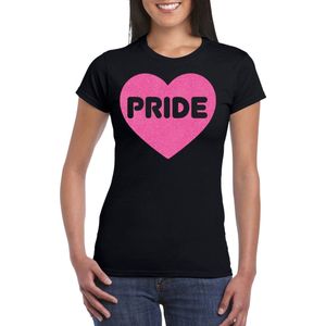 Bellatio Decorations Gay Pride T-shirt voor dames - pride - roze glitter hartje - zwart - LHBTI XXL