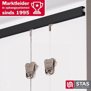 STAS Schilderijrail - Ophangsysteem Schilderijen / Fotolijsten / Poster - Ophangrails - Zonder Boren - Ophanghaak - Ophangrek - Schilderijrails - Minirail - Zwart -150 cm - Complete Kit