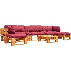 The Living Store Loungeset Pallet - Grenenhout - 330x126x65 cm - Rood kussen