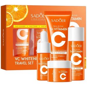SADOER | Skin Active 5X Vitamine C + Niacinamide Reisset | Skincare Set Huidverzorging 4 stuks | Gezicht Serum | Gezichtsreiniger | Cleanser | Toner | Gezicht crème | | Anti aging , hydraterende Cadeauset huidverzorging | Sinaasappel | Gift set | #1