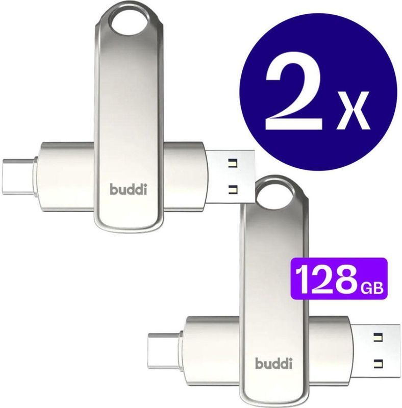Buddi - Dual Geheugenstick - Grijs - 128GB - USB-C en USB A - USB 3.1