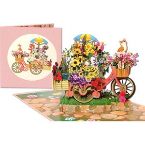 Popcards popupkaarten - Wauw! Vrolijke fiets vol bloemen, met hond en poes Bloemist Bloemenkraam Driewieler pop-up kaart 3D wenskaart