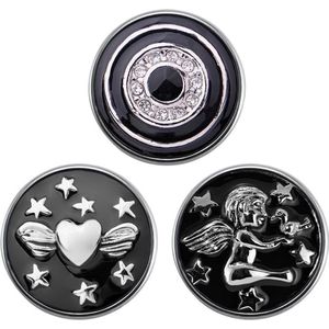 Quiges - Chunk 18mm Click Button Drukknoop Set van 3 Stuks Liefde Zwart met Zirkonia & Engel - EBCMSET018
