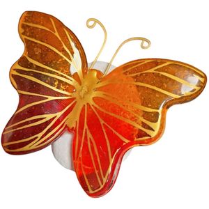 Herinneringsvlinder gemaakt van glas op een witte steen - handwerk 8x7x4 cm glasfusion en glas schilderen kleur oranje rood - herdenking voor thuis of op een graf
