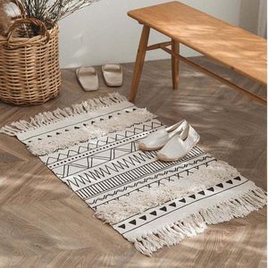 Katoenen tapijt, getuft katoenen tapijt, wasbaar, retro tapijt, hal tapijt met kwastjes, Marokkaans boho-tapijten voor woonkamer, slaapkamer en voordeur (wit, 60 x 130 cm)