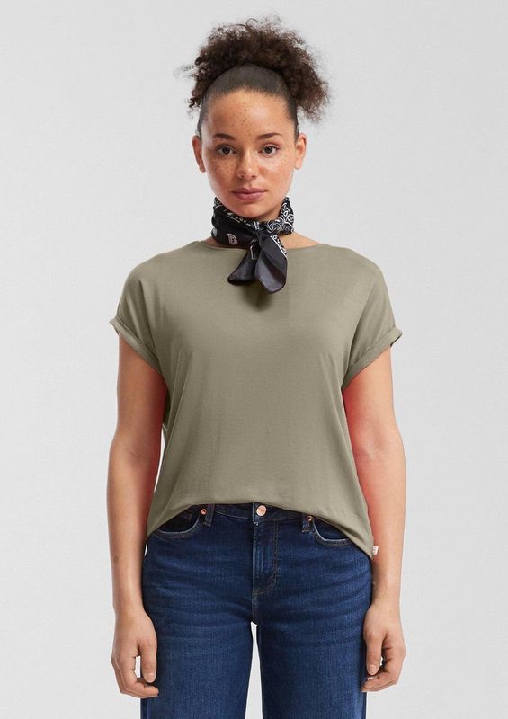 QS - Shirt - Kaki - Ronde Hals - Kwartmouw - Normale Pasvorm