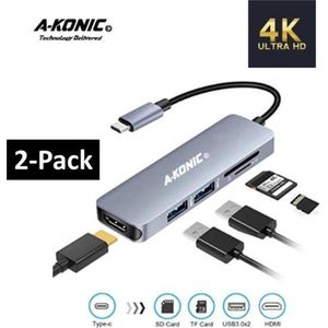 A-Konic USB Type C Adapter - HDMI 4K, 2x USB 3.0, USB-C Opladen, SD Card Reader Hub