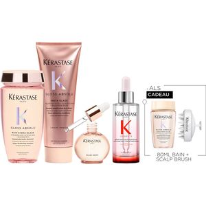 Kérastase Gloss Absolu Anti-Frizz & Genesis Routine + 2 Cadeaus - Shampoo 250ml, Conditioner 250 ml, Haarolie 45ml & Serum 90ml + Shampoo 80ml & Scalp Brush Cadeau - Voor Lang Haar Gevoelig Voor Pluis