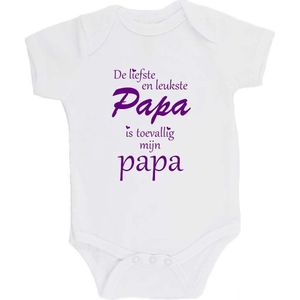 100% katoenen Romper ""De liefste en leukste Papa is toevallig mijn papa"" Vader Vaderdag Unisex Katoen Wit/paars 68/74