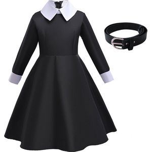 Joya Kids® Wednesday Addams Verkleedjurk Meisje | Horror Films Kostuum | Meisje | Zwart | Halloween Jurk | Verkleedkleding | Maat 140