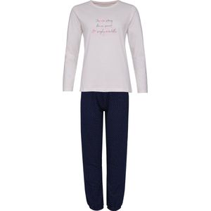 By Louise Dames Pyjama Set Lang Katoen Off White / Donkerblauw Gestipt - Maat XL