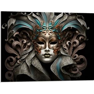 PVC Schuimplaat- Wit Venetiaanse carnavals Masker met Blauwe en Gouden Details tegen Zwarte Achtergrond - 80x60 cm Foto op PVC Schuimplaat
