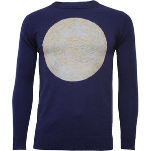 Hommard Cotton Cashmere Intarsia Wave Crew Neck Sweater, Small, Navy, Blauw, Trui, Unisex, Ronde nek, Pullover, Kasjmier, Katoen