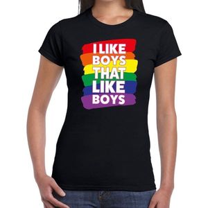 I like boys that like boys gay pride -  t-shirt zwart met regenboog voor dames -  gaypride kleding S