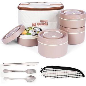 Portable Insulated Lunch Container Set with Cutlery - 4 Stainless Steel Leakproof Stackable Food Bento Boxes - Thermal Bag Included - Brown - Adults/Students Lunch Box