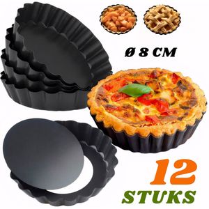Quichevormpjes - 12 stuks - Quichevorm met losse bodem - Quiche Bakvorm - Taartvorm - Cakevorm - Gebak vormen - Antiaanbaklaag - Vaatwasserbestendig - ø 8 cm - Koningsdag