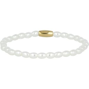 My Bendel - Armband goudkleurig met ovale witte parels - Goudkleurige elastische armband met ovale witte parels - Met luxe cadeauverpakking
