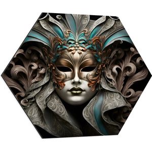 Dibond Hexagon - Wit Venetiaanse carnavals Masker met Blauwe en Gouden Details tegen Zwarte Achtergrond - 80x69.6 cm Foto op Hexagon (Met Ophangsysteem)