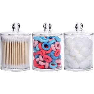 JeiibrZui Wattenstaafjeshouder - Kunststof Apothekerspotten Met Deksel - Transparant Badkameraccessoire Voor Wattenstaafjes En Wattenschijfjes - 3 Stuks - Badkamer Decoratie