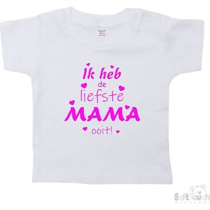 Soft Touch T-shirt Shirtje Korte mouw ""Ik heb de liefste mama ooit!"" Unisex Katoen Wit/fluor pink Maat 62/68