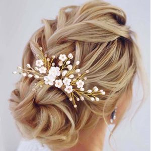 Bloemen Haar Kam voor Bruiloft - Gouden Kristallen en Parels Haaraccessoire